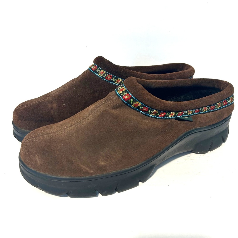 Daniel Green Clogs Women 11 Brown Suede Embroidered Floral Trim Lug Sole Cottage